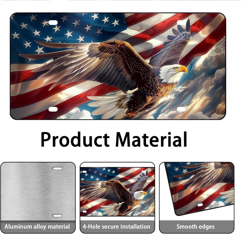 MCIAONE Front License Plate Cover - License Plate with American Flag & Eagle, Aluminum Decorative License Plates, Patriotic Novelty Vanity Tag, Car Decor Accessory with 4 Holes, 6×12 inch Car Plates Decor - Image 3